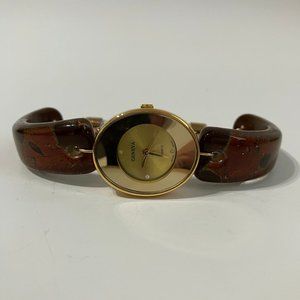 Mocha Brown Watch Fused Dichroic Glass Band Oval Gold Metal Ladies Wristwatch